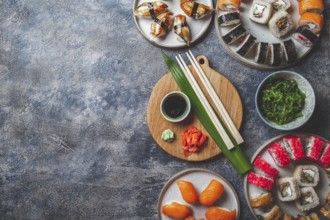Food, Sushi and rolls sets. Japonese food. top view