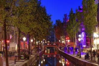 Night view of De Wallen, the famous red-light district with window prostitution in Amsterdam,