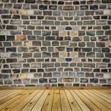 Coarse stone wall and the wooden floor