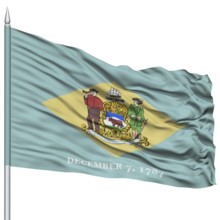 Isolated Delaware Flag on Flagpole, USA state, Flying in the Wind, Isolated on White Background