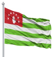 Flag of Abkhazia with flagpole waving in the wind against white background