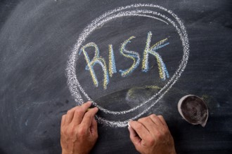 Written with chalk on graphic representation of the word risk whiteboard