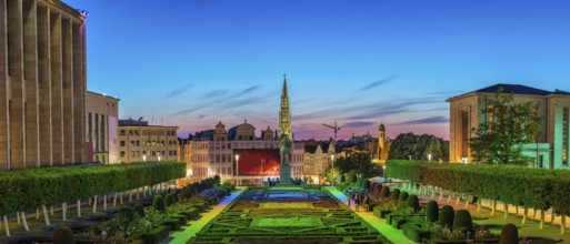 Brussels Belgium, night panorama city skyline at Mont des Arts Garden