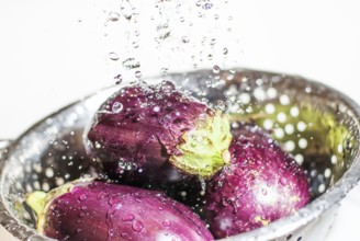 Eggplants being washed in colander under tap fresh water