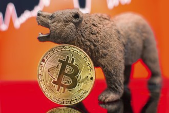 Bitcoin with a red chart drop. Price crash and bear market trend concept