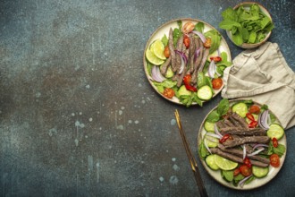 Two plates with traditional Thai beef salad with vegetables and mint top view served on rustic