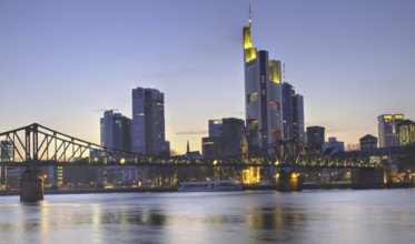 Cityscape of financial district Frankfurt at dusk, Hesse, Germany Frankfurt, Germany, Europe
