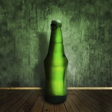 Cool beer bottle at wooden floor over grunge wall