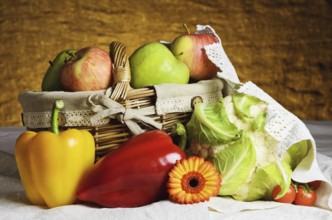 Still life of vegetables and fruit with basket. Daugavpils, Latvia, Europe