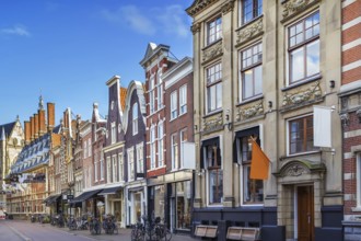 Street with historical houses in Haarlem city center, Netherlands