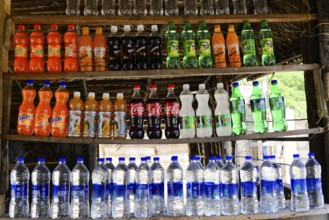 Kovalam, Malabar Coast, Malabar, Kerala, South India, Various beverage bottles neatly arranged on a