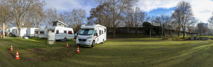 Panoramic photo with motorhome and caravan at the Cannstatter Wasen campsite, Stuttgart,