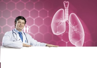 Young handsome doctor holding white blank banner. Place your text