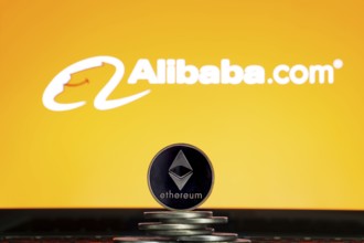 Ethereum coins with Alibaba logo on a laptop screen. Slovenia, Ljubljana, 02 24 2019