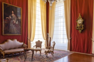 Venaria Reale, Italy, February 2023: luxury interior, old Royal Palace. Perspective with harp,