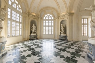 Venaria Reale, Italy, January 2023: luxury interior old royal palace. Gallery perspective with