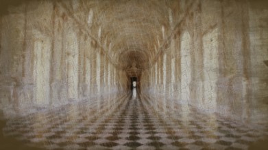 Creative illustration of Reggia di Venaria Reale gallery, Italy. Luxury marbles in baroque Royal