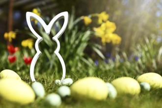 Easter bunny figure with Easter eggs in front of spring flowers