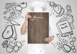 Restaurant Chef on a sketchy background hidden behind a wooden chopping board for a business lunch