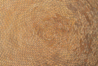 Red brick vault. Ceiling. Architectural Texture. Brick background Circular pattern