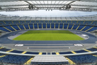 CHORZOW, POLAND - MAY 9, 2018: Tribune and pitch at Silesian Stadium multifunctional arena adapted
