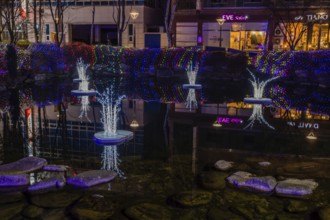 Taebeck, South Korea. January 29, 2019: Night view of light sculptures in pond during winter