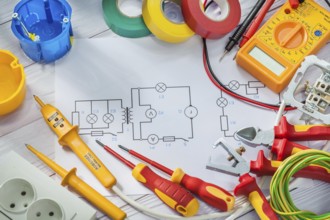 Electrical tools big set on white painted wooden boards background