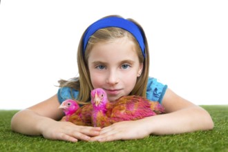 Breeder hens kid girl rancher farmer hug chicken chick white background