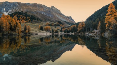 Autumn in the Swiss Alps with a view of Lake Palpuogna near the Albulapass in the Grisons