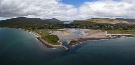 A panorama landscape of the village and harbor of Mulranny in County Mayo of western Ireland