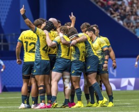 Men?s Pool B Rugby Seven: Team Australia (AUS) prepares for their match against Argentina (ARG) at