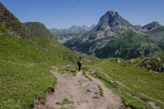 Trekker on Tour de l Ossau and Ayous lakes tour, Pyrenees National Park, Pyrenees Atlantiques,