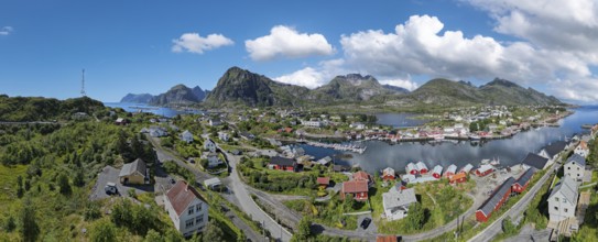 Aerial view, panorama with village view in the middle of lush landscape at the Vestfjord, Sorvagen,