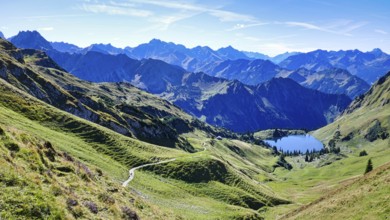 Oberstdorf, panoramic view over the mountains in glorious summer weather, bright blue sky