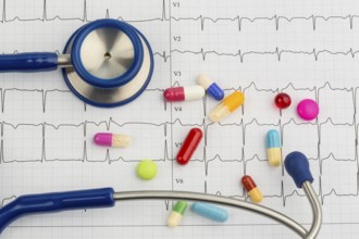 Several tablets lie on an ECG. Symbolic photo for cardiovascular diseases