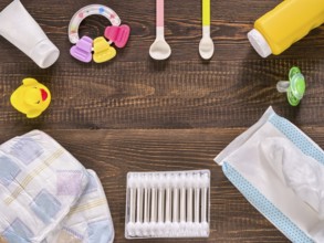 Japanese diapers, wet wipes, baby powder, cream, tither, cotton buds, spoons, soother and duckling