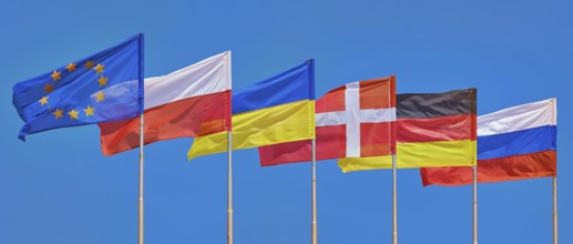 Flags of Different Countries on a Background of Blue Sky Varna, Bulgaria, Europe