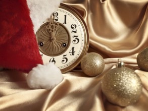 New year theme with balls, vintage clock and Santa hat over golden drapery