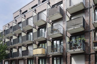 Many small balconies on a student hall of residence in Cologne Ehrenfeld