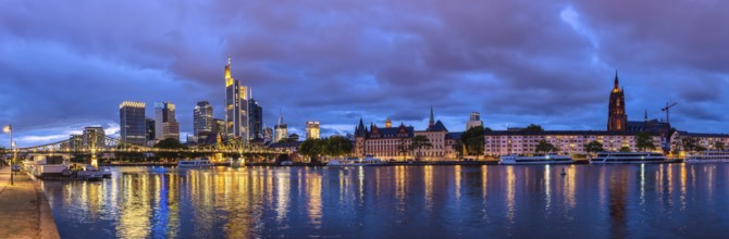 Frankfurt Germany, night panorama city skyline at Main River and business skyscraper