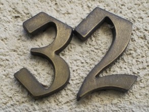 House number plate, number 32, digit, anniversary, birthday, North Rhine-Westphalia, Germany,