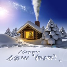 A small cottage in the fairy forest in snowy New Year's Eve. Around the hut on the snow trails and