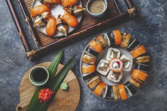 Food, Food, Sushi and rolls sets. Japonese food. top view