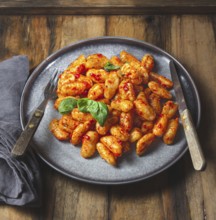 Food, Traditional Italian potato Gnocchi with tomato sauce and fresh basil on blue plate on wooden