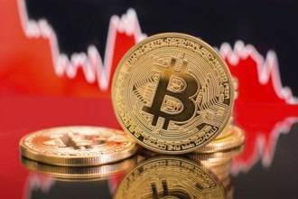 Bitcoin with a red chart drop. Price crash and bear market trend concept