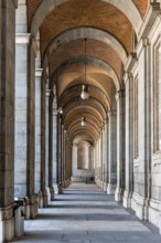 Madrid, Spain, November 1, 2020: Arcade in the Royal Palace of Madrid. Plaza de la Armeria, Europe