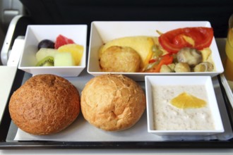 Lunch in airplane, seafood meal