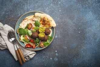Middle Eastern Arab meal with fried falafel, hummus, vegetables salad with fresh green cilantro and