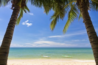 Sand beach with palms and canoes in Phu Quoc close to Duong Dong, Vietnam, Asia