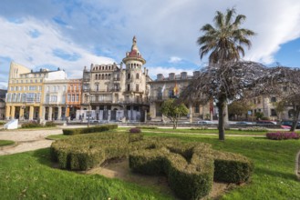 Ribadeo, Spain, November 21, 2018: Ribadeo main square and Torre dos moreno, Ribadeo, Galicia,